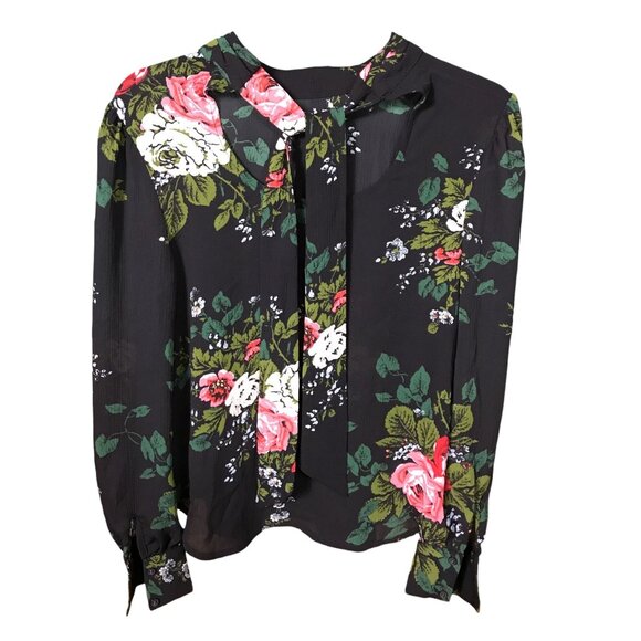 Loft Black Sheer Rose Pattern Women XXS Long‎ Sleeves Shirt - Picture 2 of 4